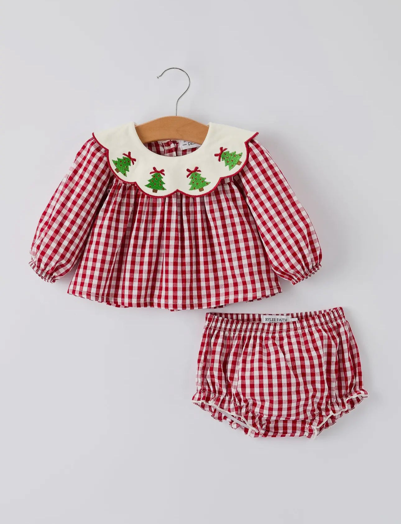Embroidered Gingham Christmas Tree Bloomer Set