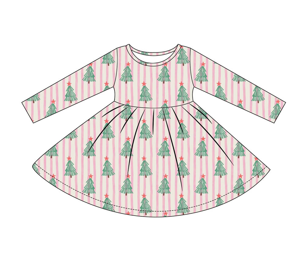Pink Trees Long Sleeve Bamboo Twirl Dress PREORDER SHIPPING EARLY OCTOBER