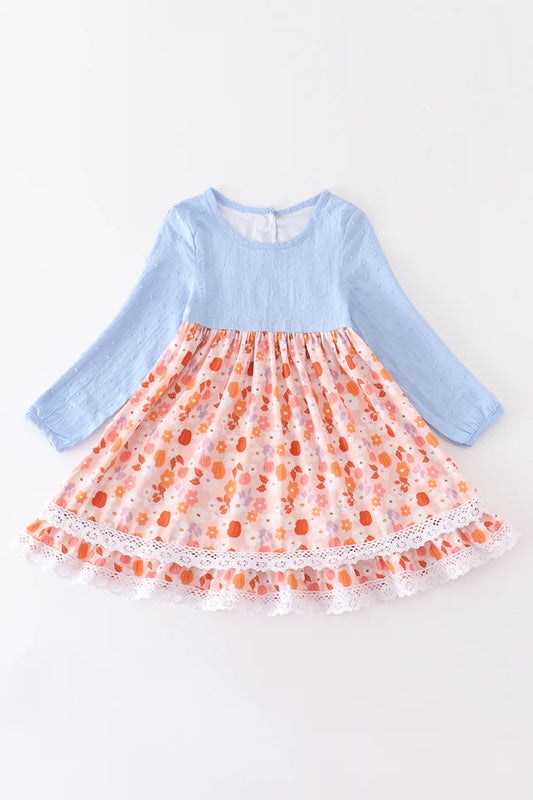 Blue Swiss Dot Floral Print Dress