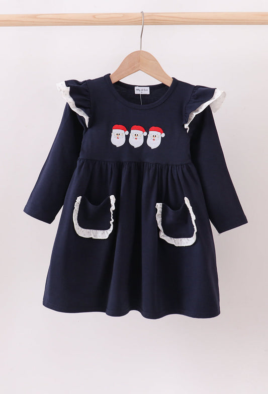 Navy Embroidered Girls Santa Dress