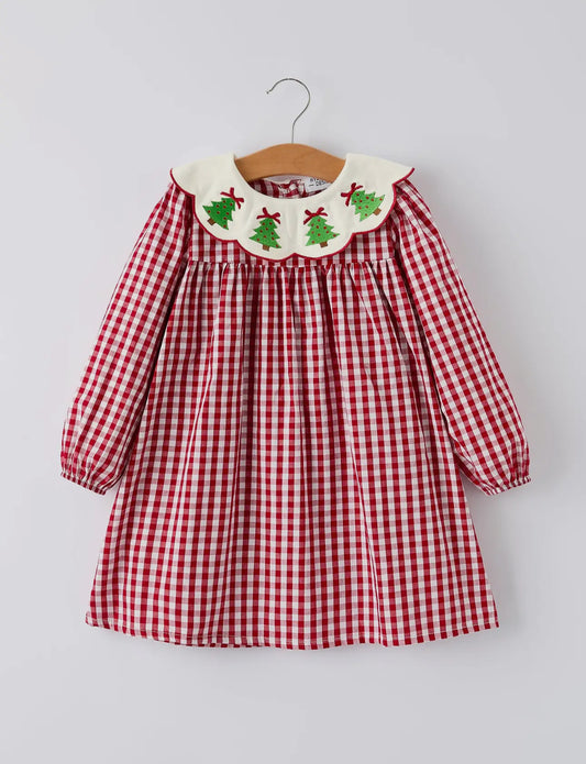 Embroidered Gingham Christmas Tree Dress