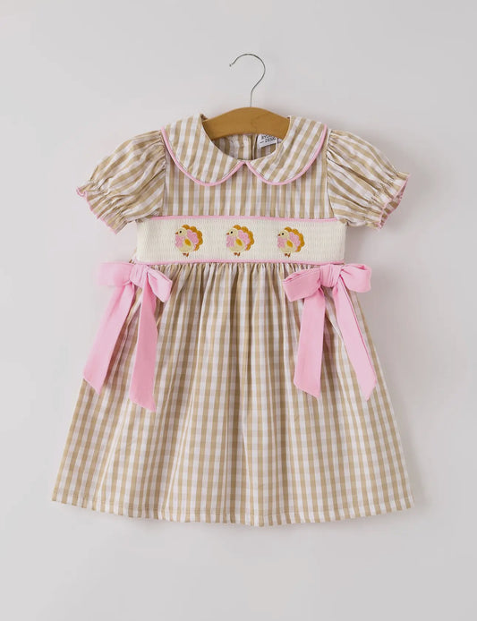 Smocked Beige & Pink Gingham Turkey Dress