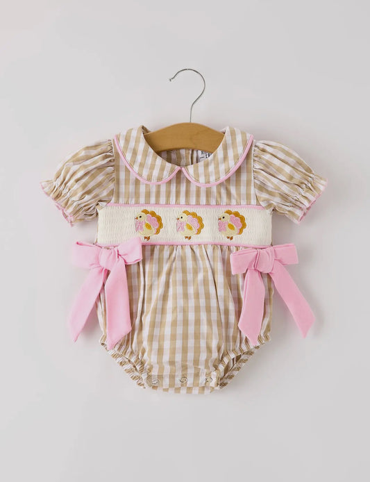 Smocked Beige & Pink Gingham Turkey Bubble