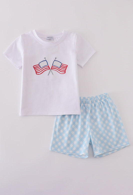 Embroidered Flag Boys Shorts Set