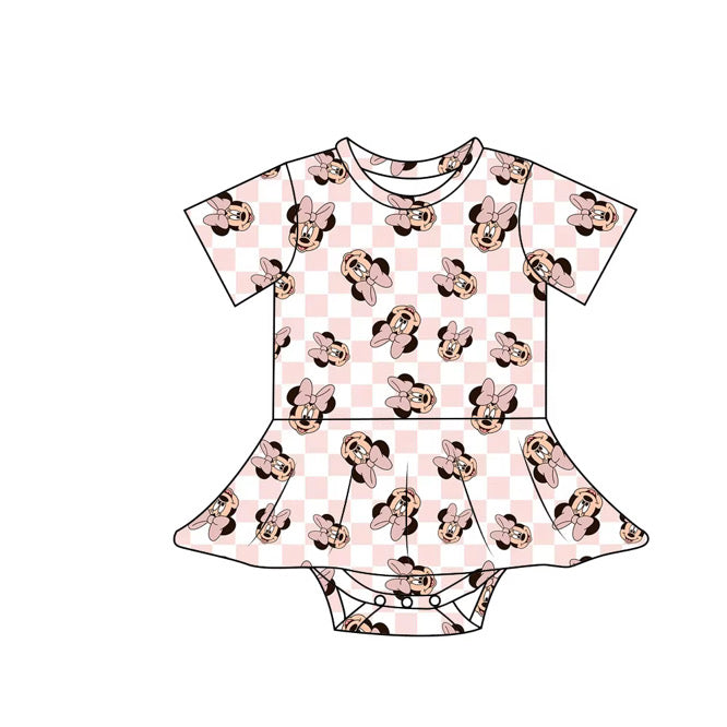 Pink Checkered Mouse Bamboo Twirl Onesie