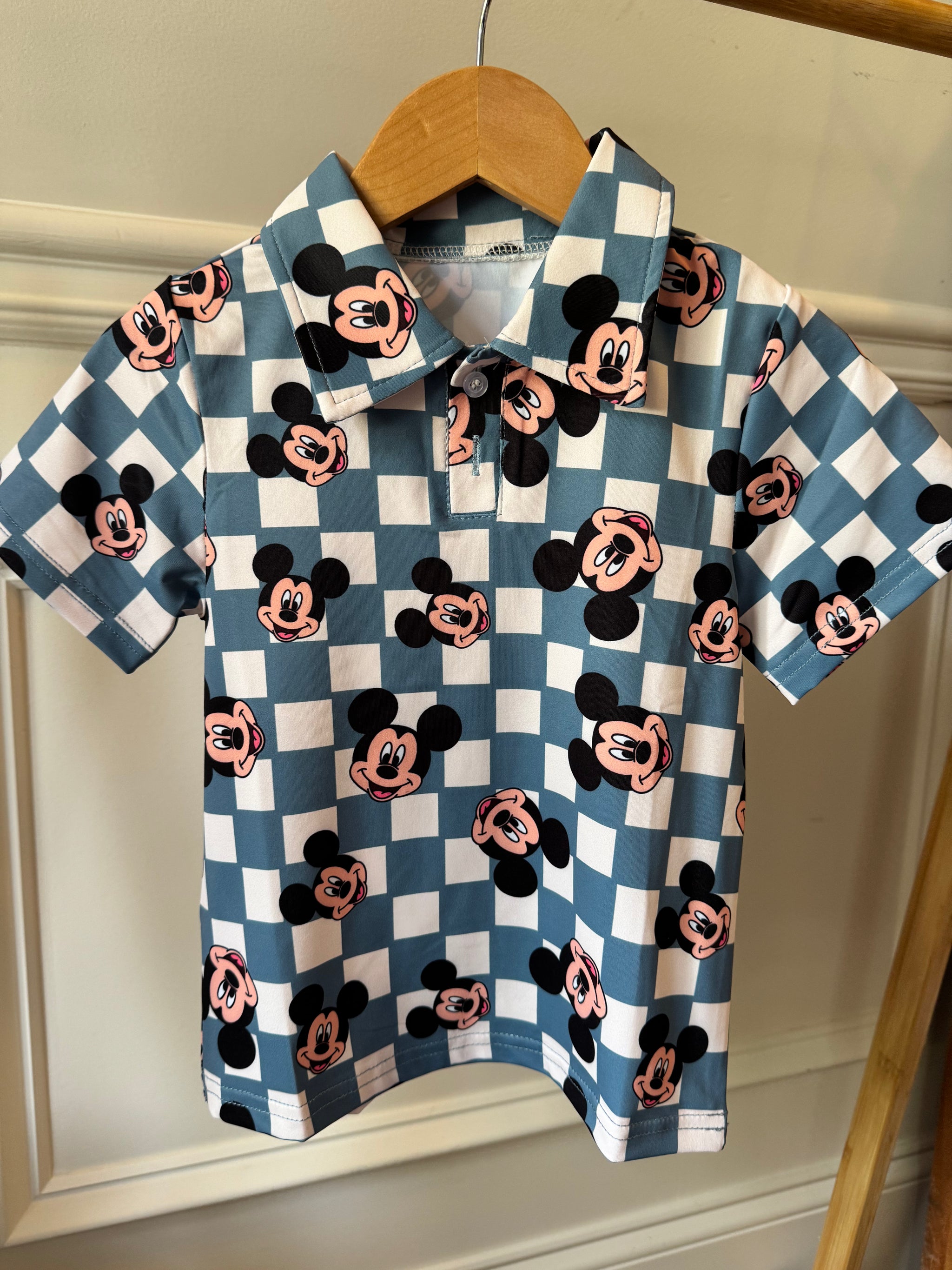 Blue Checkered Mouse Boys Performance Polo