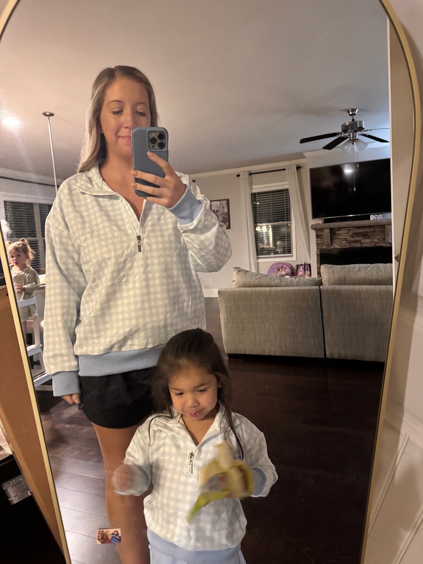 Blue Gingham Cotton ADULT Quarter Zip Pullover PREORDER SHIPPING MID DECEMBER